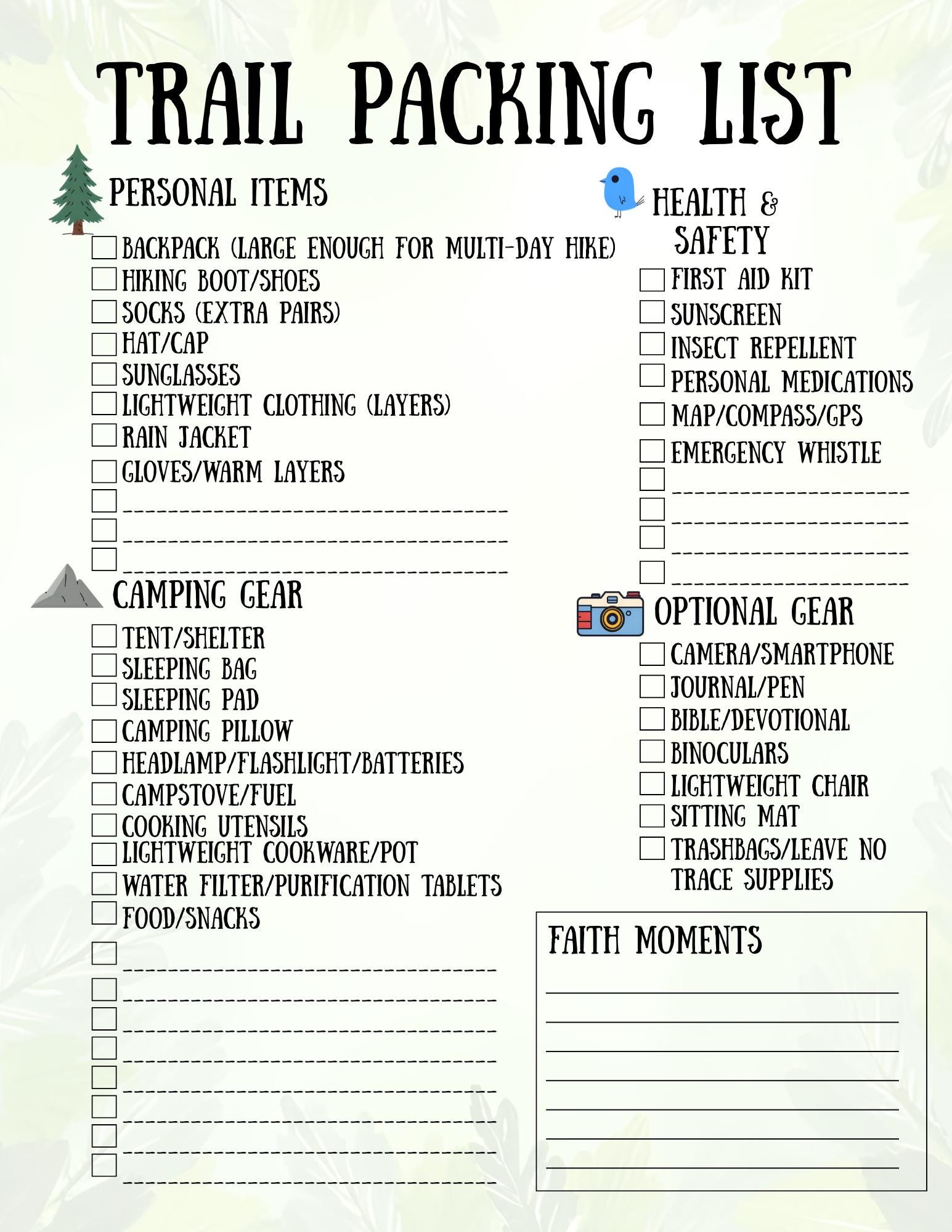 Trail Packing List Printable, Hiking & Camping Planner, Outdoor ...