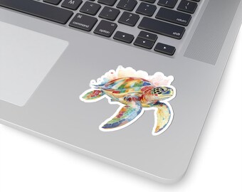 May include: A colorful sticker featuring a watercolor sea turtle design. The turtle has a vibrant shell with shades of blue, green, yellow, and red. The sticker is placed on a silver laptop.