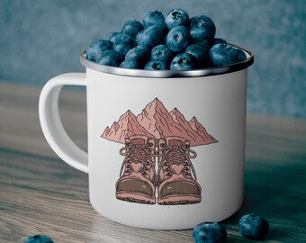 Hiking Boots with Mountains Enamel Camping Mug, Outdoor Adventure Camper Cup