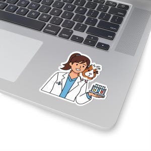 May include: A sticker featuring a cartoon illustration of a person in a lab coat holding a guinea pig and test tubes. The person is smiling. The guinea pig is brown and white. The test tubes contain colorful liquids.