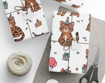 Playful Bengal Cat Pattern Wrapping Paper, Cat Birthday, Party Confetti