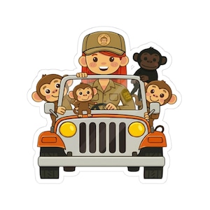 May include: A sticker featuring a cartoon illustration of a zoo staff member driving an orange and gray jeep, surrounded by monkeys. The zoo staff member is wearing a khaki uniform and cap with the text "City Zoo Staff". The monkeys are brown and black.