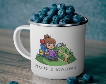 Taza de camping esmaltada para excursionistas, ilustración de montaña