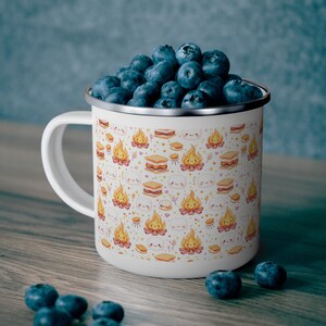 S'mores Pattern Enamel Camping Mug, Campfire Design