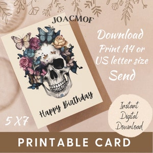 Cartão de felicitações de caveira gótica, download digital instantâneo, cartão de aniversário para impressão, dia dos mortos, impressão elegante, faça você mesmo
