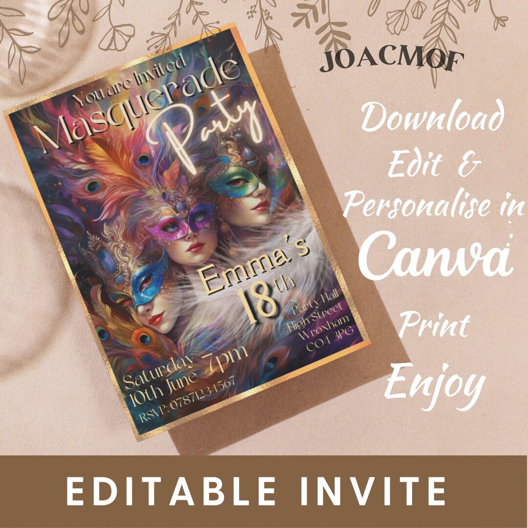Masquerade Ball Editable Invitation Instant Download Masquerade Party ...