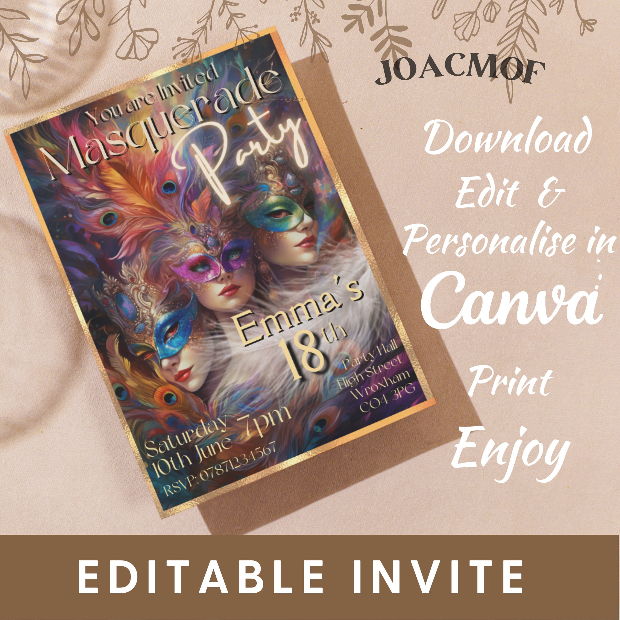 Masquerade Ball Editable Invitation Instant Download Masquerade Party ...