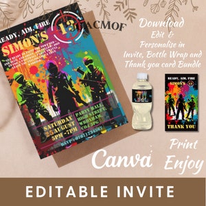 Paintball Editable Invitation Instant Download Paintball Party Printable Birthday Invite Thank you card, Bottle wrap bundle