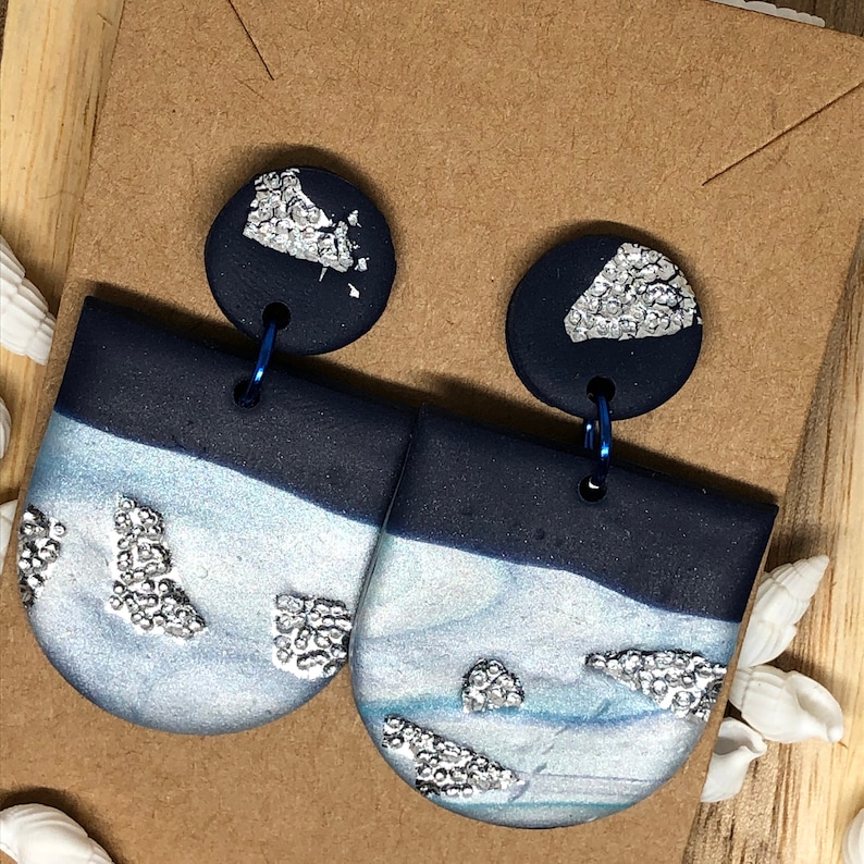 Silver Sea Polymer Clay earrings Dangle Drop Statement