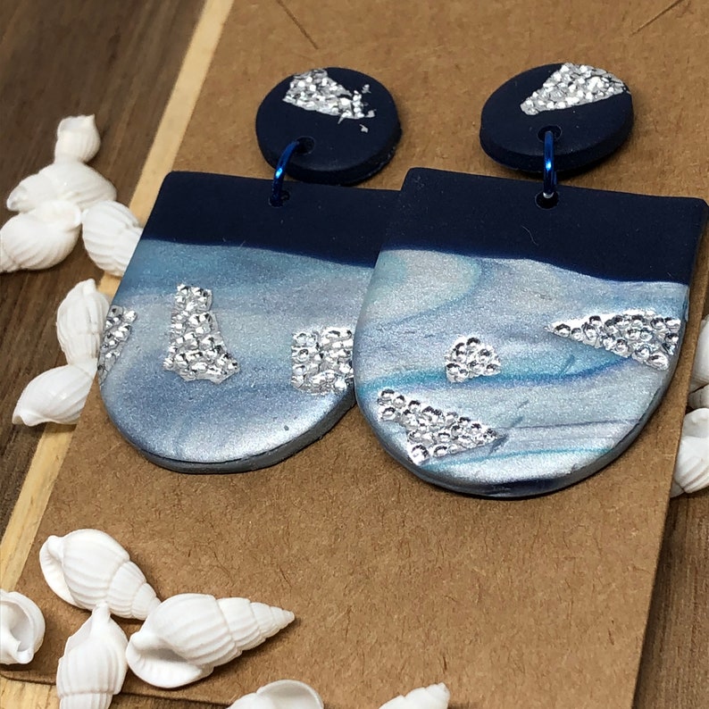 Silver Sea Polymer Clay earrings Dangle Drop Statement