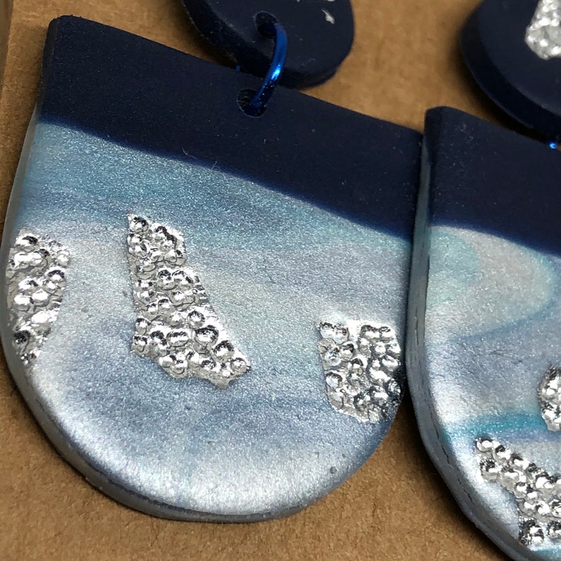 Silver Sea Polymer Clay earrings Dangle Drop Statement