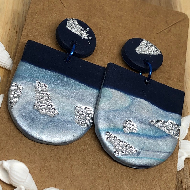 Silver Sea Polymer Clay earrings Dangle Drop Statement