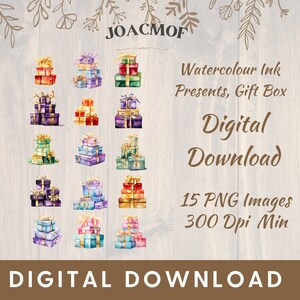 Weihnachtsgeschenk Stapel Geburtstagsparty Geschenk Clipart Bundle PNG Aquarell Tinte Digital Download für Karten, Sublimationsdruck Basteln