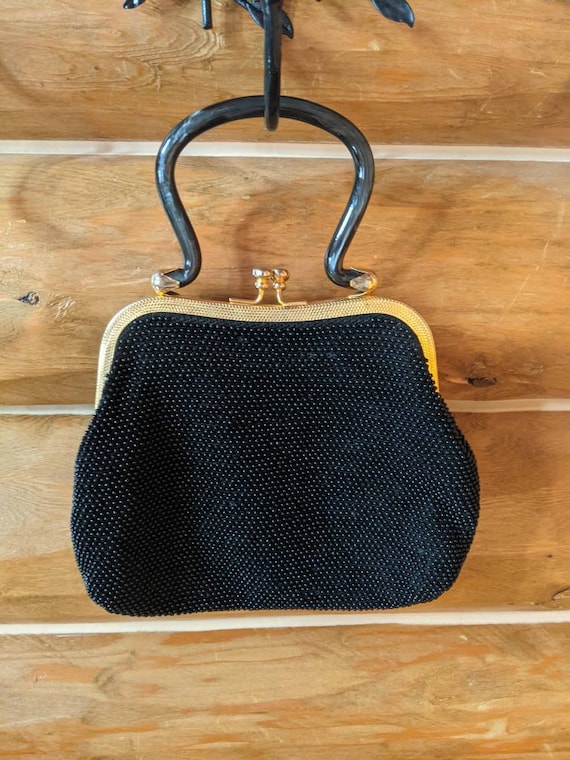 Gorgeous Black Beaded Kisslock Bag with Bakelite H