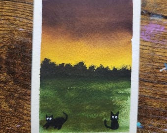 Original Watercolor **Art PRINT: Cats in Field (2.5" x 3.5")