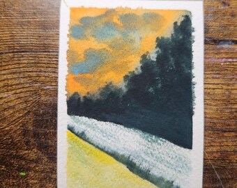 Original Watercolor Art Card: Warm Winter Sky Landscape Painting (2.5" x 3.5")