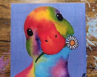 Original Watercolor Painting Rainbow Duck 4x4 *Art Print