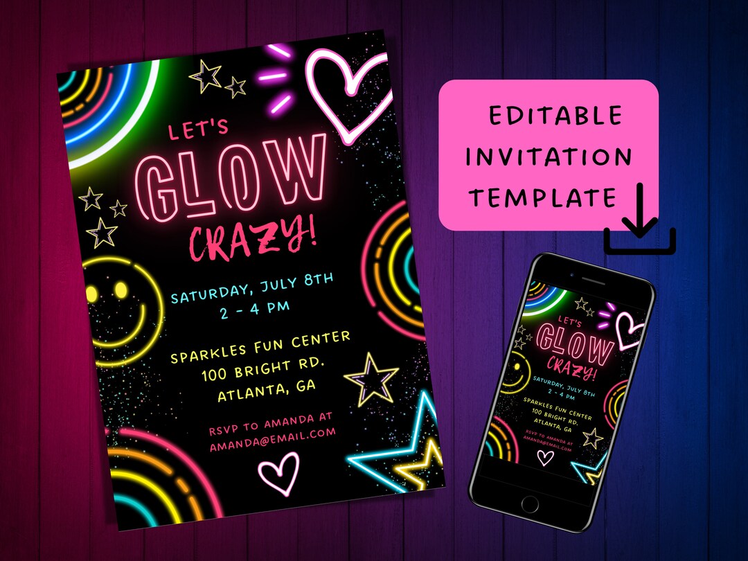 Editable Glow Party Invitation Neon Glow Birthday Invitation Etsy