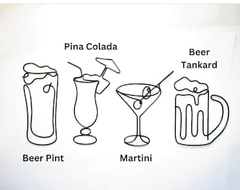 May include: Five wire sculptures of different drinks: a beer pint, a pina colada, a martini, a beer tankard, and a beer mug. The sculptures are made of black wire and are arranged in a row.