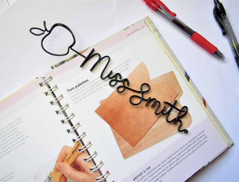 Teacher appreciation gifts bookmark wire bookmark apple teacher name custom bookmark gift, unique metal bookmark wire personalised bookmark image 1