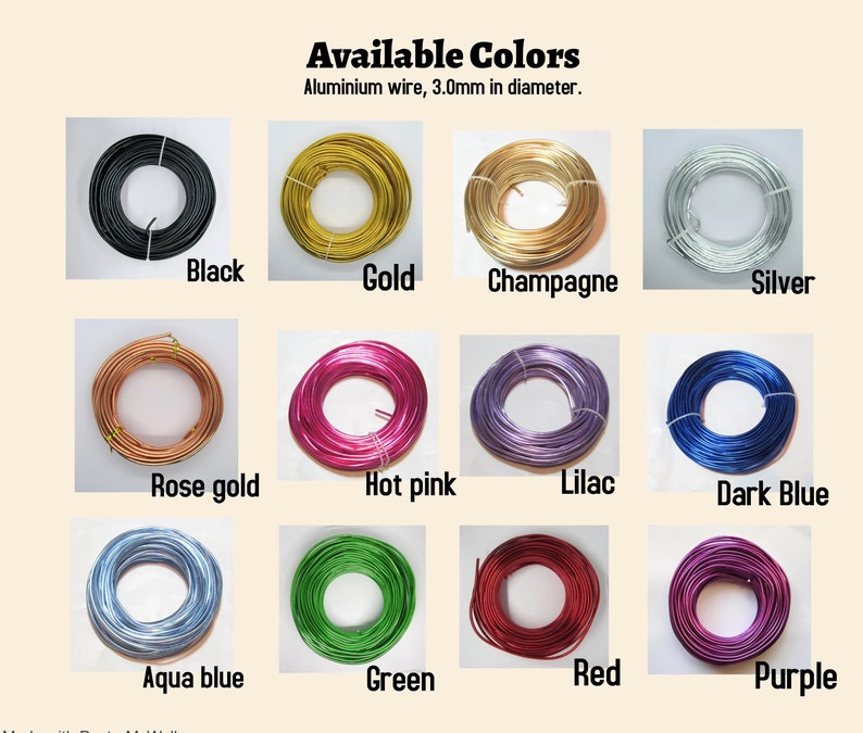 May include: A selection of 12 spools of aluminium wire in various colours, including black, gold, champagne, silver, rose gold, hot pink, lilac, dark blue, aqua blue, green, red, and purple. Each spool is 3.0 mm in diameter.