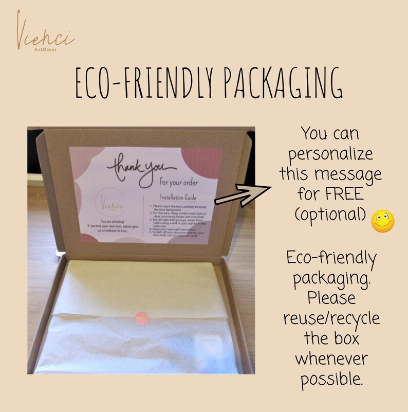 May include: A brown cardboard box with a white tissue paper liner. The box is open and the inside flap has a thank you note with an installation guide. The text on the flap reads "Thank you for your order Installation Guide". The box is labeled "Eco-friendly packaging. Please reuse/recycle the box whenever possible."