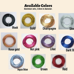 May include: A selection of 12 spools of 3.0 mm aluminum wire in various colors, including black, gold, champagne, silver, rose gold, hot pink, lilac, dark blue, aqua blue, green, and red. Available Colors: Aluminium wire, 3.0mm in diameter.