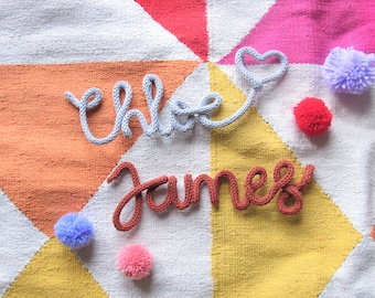 Personalised knitted wire name sign nursery wall art decor, knitted wire words art homemade wall decor gift, cute kids bedroom wall decor