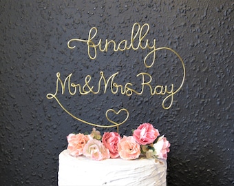 Finally Mr and Mrs wedding cake topper personalised, Mr and mrs sign Wire Cake Topper wedding gold decor, metal funny wedding cake toppers