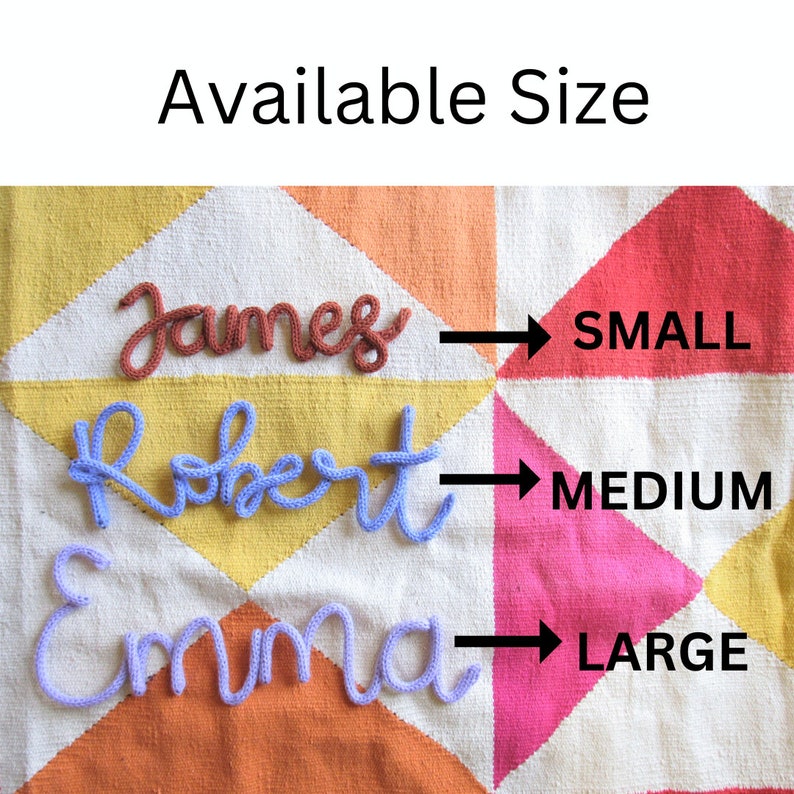 May include: Three knitted names, "James", "Robert", and "Emma", are displayed on a colorful patchwork fabric background. Arrows point to the right, indicating the size of each name: "SMALL", "MEDIUM", and "LARGE".