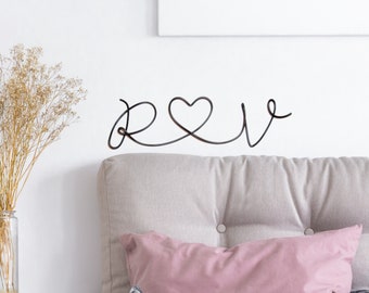 Couple Initial wall art heart wire sign, cute couple gifts Valentines day gift for him her, custom wire words couples initial wire wall art