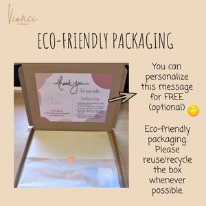 May include: A brown cardboard box with a white tissue paper liner. The box is open and a thank you card is visible inside. The card has a pink and white design and says "Thank you for your order" and "Installation Guide". The box is labeled "Eco-friendly packaging. Please reuse/recycle the box whenever possible."