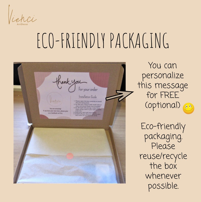 May include: A brown cardboard box with a white tissue paper liner. The box is open and a thank you card is visible inside. The card has a pink and white design and says "Thank you for your order" and "Installation Guide". The box is labeled "Eco-friendly packaging. Please reuse/recycle the box whenever possible."