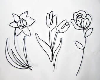 Metal wall art Spring Flowers home decor, aesthetic Rose Tulip Daffodil botanical wire wall art decor, nursery garden decor gifts