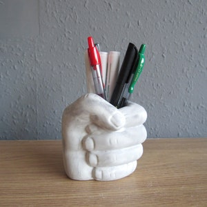 Concrete hand fist pen holder pencil utensil toothbrush holder concrete planter hand sculpture decorative object, hand vase unique gift