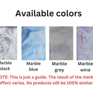 K&ouml;nnte beinhalten: Vier Muster von Marmor-Effekt-Farbe in Schwarz, Blau, Grau und Wein. Der Text "Available colors" befindet sich oben im Bild. Der Text "NOTE: This is just a guide. The result of the marble effect varies. No products will be 100% similar!" befindet sich unten im Bild.