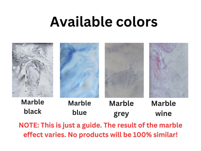 K&ouml;nnte beinhalten: Vier Muster von Marmor-Effekt-Farbe in Schwarz, Blau, Grau und Wein. Der Text "Available colors" befindet sich oben im Bild. Der Text "NOTE: This is just a guide. The result of the marble effect varies. No products will be 100% similar!" befindet sich unten im Bild.