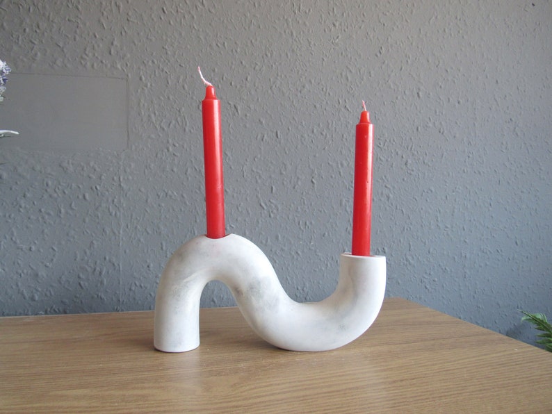 Wavy Nordic double candle holder concrete candle stick holder centerpiece modern unique candle holder minimalist decor, dining table decor image 2