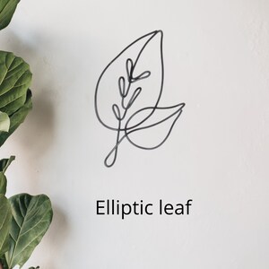 May include: A black wire sculpture of an elliptical leaf with a smaller leaf and stem. The text "Elliptic leaf" is below the sculpture.