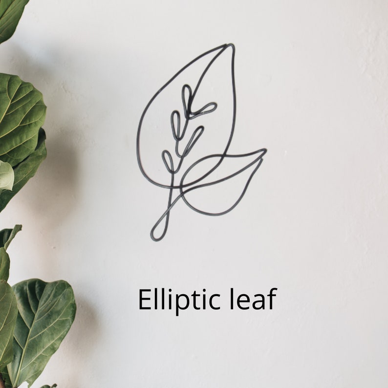 May include: A black wire sculpture of an elliptical leaf with a smaller leaf and stem. The text "Elliptic leaf" is below the sculpture.