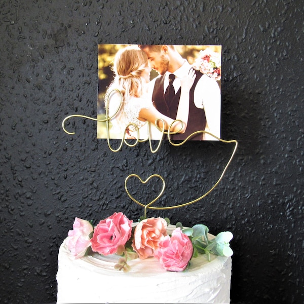 Porte-photos en fil métallique pour gâteau de mariage, décoration de mariage unique en métal doré pour gâteau en métal, fil d'amour