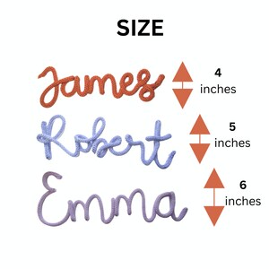 May include: Three knitted names, "James", "Robert", and "Emma", in orange and purple yarn. The names are shown with their approximate height in inches.