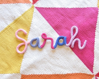 Colorful knitted wire name sign nursery wall art decor, personalised rainbow knitted wire words art cute kids bedroom wall decor
