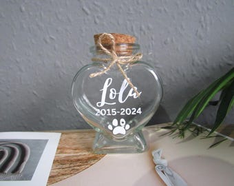 Pet fur hair memorial keepsake jar heart bottle pet loss dog cat memorial gift, personalised pet urn glass bottle name date keepsake for pet