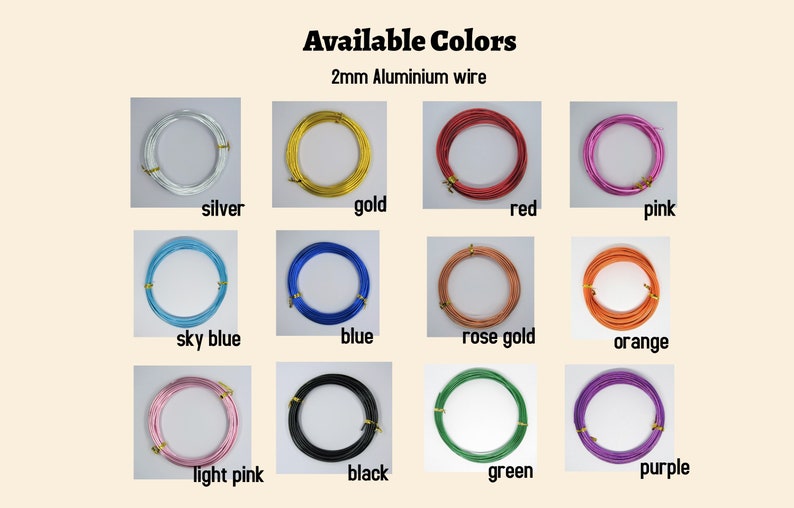 May include: A selection of 2mm aluminum wire in various colors, including silver, gold, red, pink, sky blue, blue, rose gold, orange, light pink, black, green, and purple.