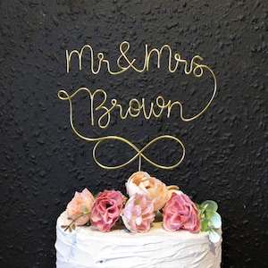 Infinity wedding cake topper wire Mr and Mrs cake Topper wedding decor, personalised surname cake topper metal wedding gold cake toppers