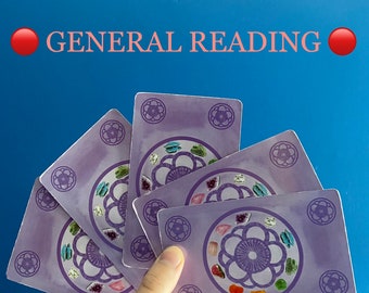 May include: A hand holding a fan of tarot cards with a purple floral design and colorful gemstones. The cards have the text "GENERAL READING" in pink against a blue background.