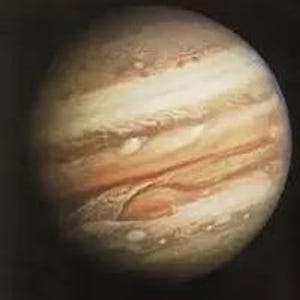May include: An image of Jupiter, displaying its characteristic banded appearance. The planet's atmosphere is a mix of orange, brown, and white hues, with the Great Red Spot clearly visible. The background is dark, emphasizing the planet's details.