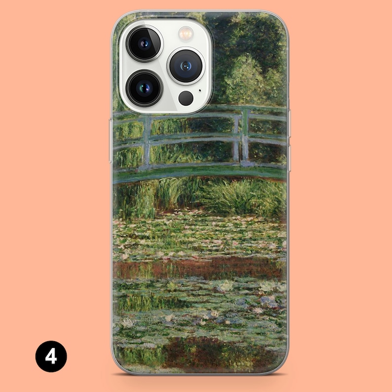 May include: A clear phone case with a painting of a bridge over a pond with water lilies. The painting is in a style reminiscent of Impressionism.