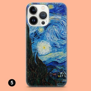May include: A clear phone case with a printed image of Vincent van Gogh's "Starry Night" painting. The case features a blue and yellow sky with swirling stars and a dark green tree in the foreground.